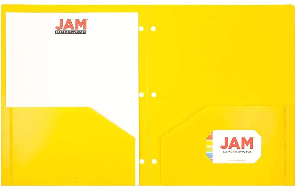 JAM PAPER Heavy Duty Plastic 3 Hole Punch Pocket Folders - Extra Tough School Folders - Assorted Primary Colors - 6/Pack
