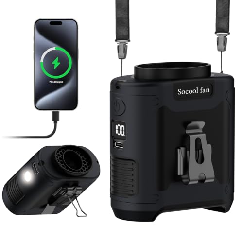 Socool 10000mAh Portable Waist Fan Clip on Wearable Belt Personal Fan Rechargeable Battery operated With 5 Speeds & Flashlight Neck Hands-Free 40H