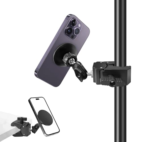 Khazylorr Mic Stand Phone Holder, for MagSafe Clamp Mount Phone Holder Handlebar, 360° Swivel Magnetic Microphone Stand Phone Mount Clip for iPhone 16