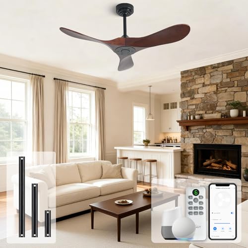 Homlit Outdoor Ceiling Fan Without Light, 42Inch Smart Ceiling Fan with Remote & Voice Control for Compatible with Alexa/Google, 3-Blade Wood Fan