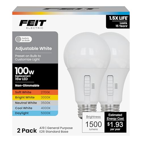 Feit Electric Adjustable White A19 LED Light Bulb, 100W Replacement, 5CCT Selectable Color Temperature 2700K-5000K, 1500 Lumens, 17,000 Hour Lifetime