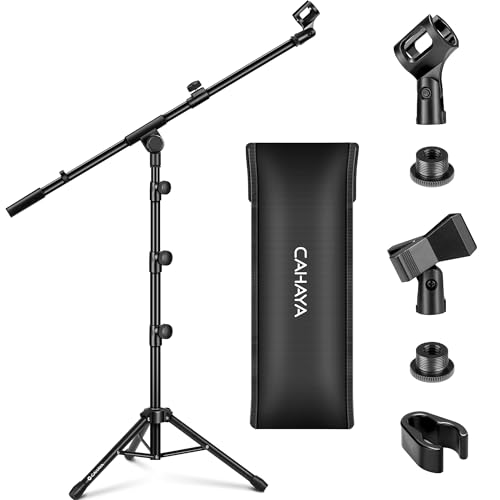 CAHAYA Mic Stand Floor Adjustable - Tripod Boom Arm Microphone Stand with Carrying Bag 2 Mic Clips 3/8" to 5/8" Adapter for Singing Podcast Compatible