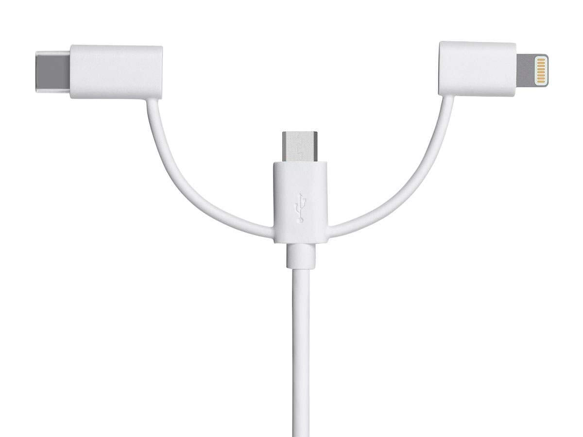Monoprice 3-in-1 Multiport USB to USB Micro-B + USB-C + Lightning Charging Cable - 3 Feet, White - Essential Series