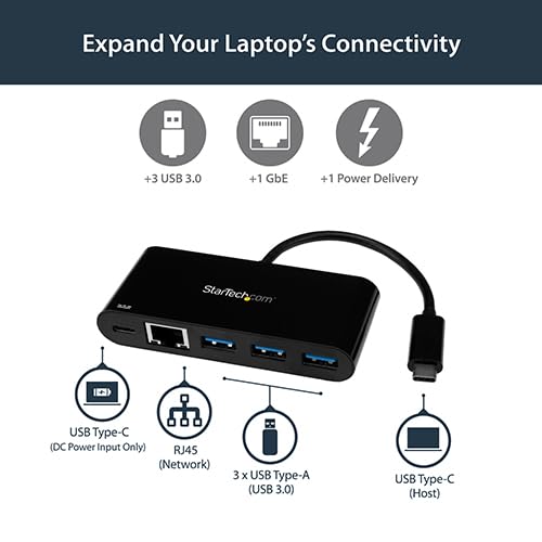 StarTech.com USB C to Ethernet Adapter - 3 Port - with Power Delivery (USB PD) - Power Pass Through Charging - USB C Adapter (US1GC303APD) Black