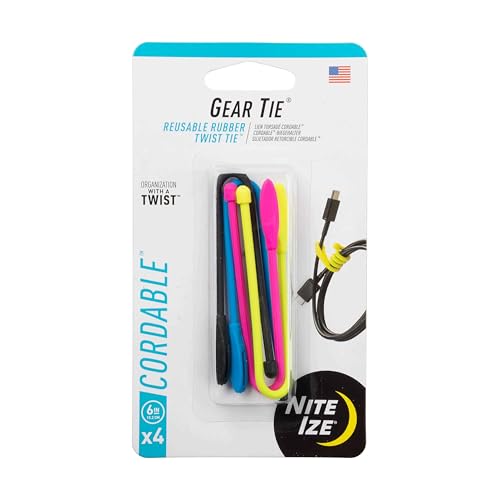 Nite Ize Gear Tie Cordable, The Orginal Reusable Rubber Twist Tie with Stretch-Loop For Cord Management + Storage, 6-Inch, Assorted Colors, 4 Pack