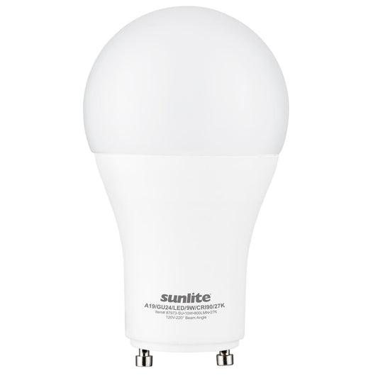 Sunlite A19 GU24 Dimmable Light Bulb, 9 Watts (60WEquivalent) 800 Lumens, 2 Prong LED Twist and Lock Base, 90 CRI, ETL Rated for Enclosed Fixtures