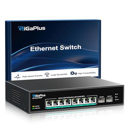 10 Port 2.5Gb Unmanaged PoE Switch with 8*2.5G Base-T PoE Ports, 2*10G SFP+ Uplink, 802.3af/at (PoE+), 80Gbps Switching Capacity, GigaPlus 2.5G PoE