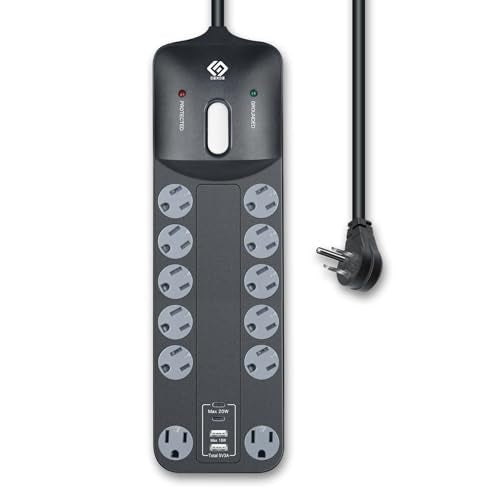 OSKOS PD20W USB-C Charger, 18W USB-A Fast Charging, Four Ports (2A2C), 12 outlets Power Strip with 6FT 14/3 Cord, 3540 Joules Surge Protected, 15A