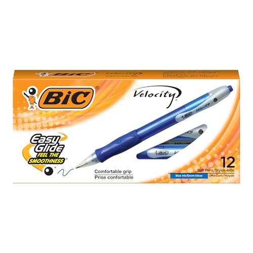 BIC Velocity Retractable Ballpoint Pens, Medium Point (1.0 mm), Blue Ink Pens, 12-Count Pack, With Comfortable Grip