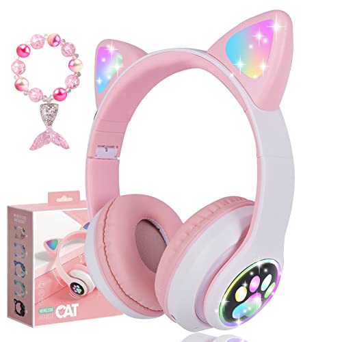 kuyaon Wireless Headphones for Kids, Cat Ear LED Light Up Bluetooth Kids Headphones with Microphone for School/Travel/Sports/Gaming/Gifts/Christmas