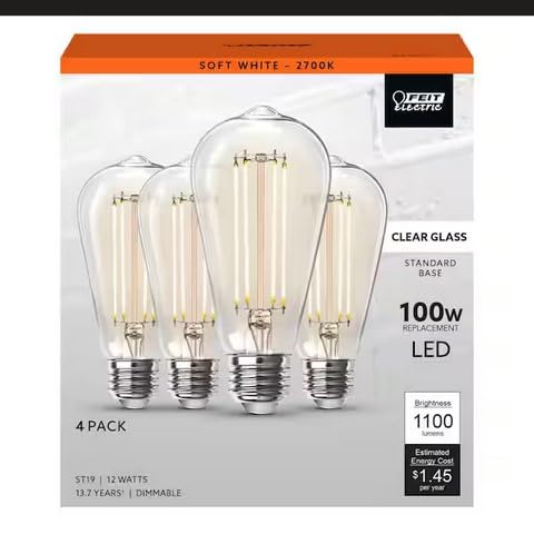 Feit Electric 100-Watt Equivalent ST19 Dimmable Straight Filament Clear Glass E26 Vintage Edison LED Light Bulb Soft White (4-Pack) ST19100CL/927CA/4