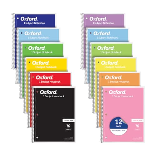Oxford Spiral Notebooks, 12 Count Bulk Pack, 1 Subject, College Ruled Notebooks for School, 8 x 10.5 Inches, 70 Sheets, Assorted Colors, Back