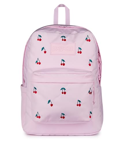 JanSport Superbreak Plus FX Backpack - Work, Travel, or Laptop Bag with Water Bottle Pocket - Pink Ice Cherry Emb