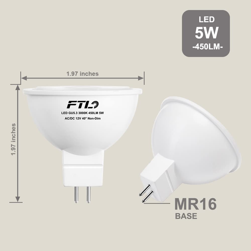 FTL MR16 LED 12V Low Voltage GU5.3 Bipin 50W Halogen Equivalent Bulb 3000K Warm White 5W 40 Degree Non Dimmable Spot Light for Track and Outdoor