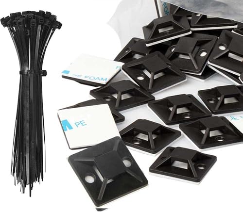 Zip Tie Mounts and Zip Ties - Small Cable Tie Adhesive Mount, 3/4in black 100 Sets. Wires Zip Tie Adhesive-backed anchors for Pedal Board Cable
