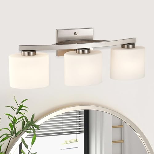 Edvivi Bathroom Light Fixtures, 3-Light Modern Brushed Nickel Vanity Light Over Mirror, Wall Sconces with Oval-Shaped White Glass Shades for Living