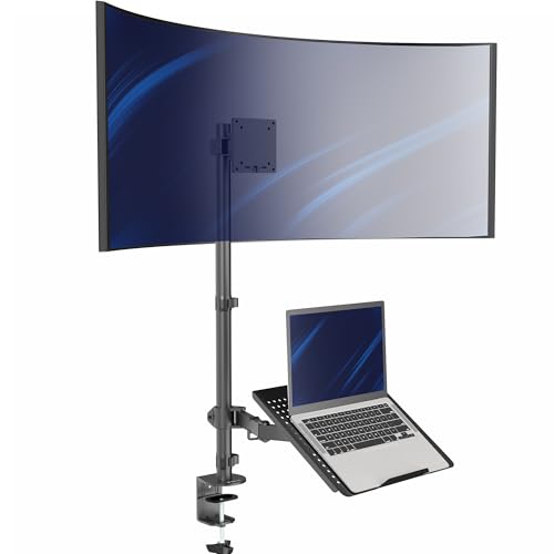 VIVO Extra Tall Desk Mount for up to 49 inch Ultrawide and Tray for up to 17 inch Laptop, Clamp-on Adjustable Stand Holds 44 lb Screens, VESA up