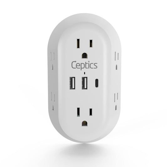 Ceptics 20W Wall Power Strip Charger - Small & Compact - Surge Protector 1800J - Grounded Dual USB + USB-C PD & QC 3.0-6 USA Outlets Input (20W)