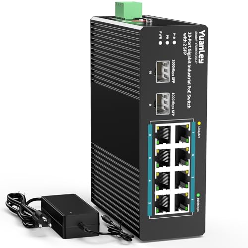 YuanLey 10 Port Industrial Switch with 8 Port PoE Gigabit & 2X SFP Port, Unmanaged PoE Switch with 120W Power Adapter, IEEE802.3af/at, VLAN & RSTP