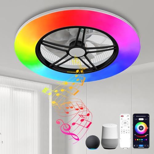 BAYSQUIRREL Alexa WiFi Low Profile Ceiling Fan with Light Flush Mount Enclosed Ceiling Fan LED Dimmable Bladeless Ceiling Fans with Google