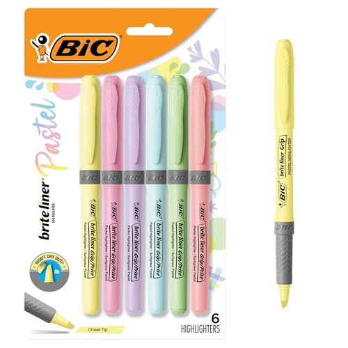 BIC Brite Liner Grip Pastel Highlighter Set, Chisel Tip, 6-Count Pack of Pastel Highlighters in Assorted Colors, Cute Highlighters for Bullet