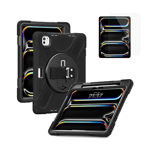 CODi Rugged Case + Tempered Glass Screen Protector Bundle for iPad Pro 11” (M4, M5) | Heavy-Duty Protective Case with Kickstand, Hand Strap & Shoulder