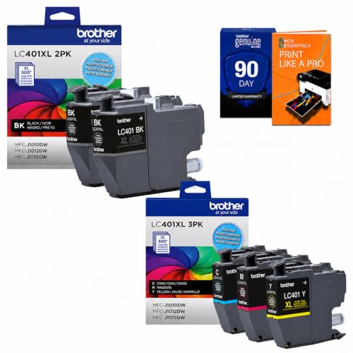 Brother Genuine LC401XL 5-Pack (2 Black Cyan Magenta Yellow) High Yield Ink Cartridges Bundle with Deco Essentials Printer eBook for MFC-J1010DW