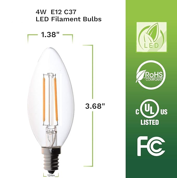 Bioluz LED 4W Filament Candelabra Bulb, E12 Base High Efficiency LED Candle Bulbs, UL Listed, Pack of 6