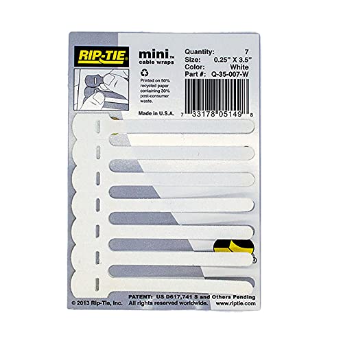RIP-TIE Mini 1/4" x 3-1/2" Cable Tie Perfect for USB Cable, Earbud Cords, Cell Phone Cord 7 Pack White