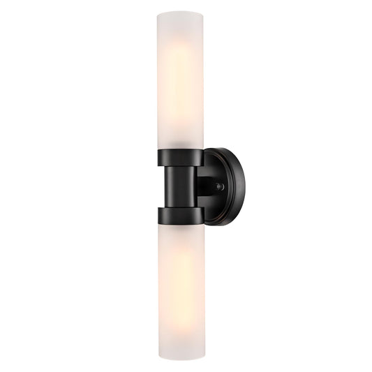 TEENYO Modern 2-Light Black Wall Sconce, Cylinder Frosted Glass Bathroom Wall Light Fixtures 20-Inch Black Glass Sconces Wall Lighting for Bedroom