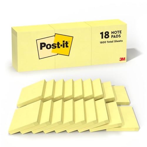 Post-it Notes, 3 x 3 in, The Iconic Canary Yellow Note, 18 Pads