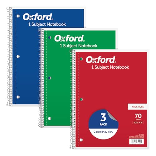 Oxford 1-Subject Notebooks, School Journal, 8 x 10-1/2 Inch, Wide Rule Paper, 70 Sheets, 3-Hole Punch, 3 Pack, Red, Blue, Green, Color Assortment May