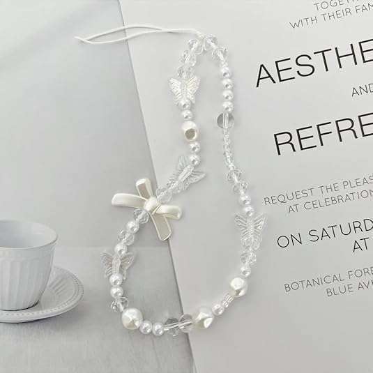 WLngtv 2 Pcs White Mobile Phone Lanyard Universal Chain Black Bow White Pearl Beaded Phone Lanyard Wrist Strap Anti Lost Phone Charm Strap Fashion