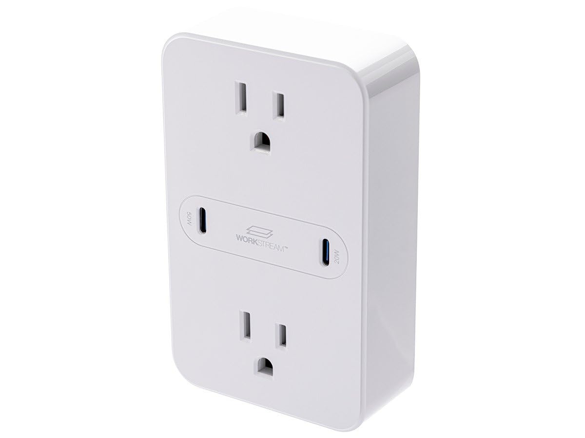 Monoprice 2-Outlet Wall Tap Power Strip with USB-C PD 50W + 20W Power Delivery, Wall Mountable, for Laptops and Mobile Phones - Workstream Collection