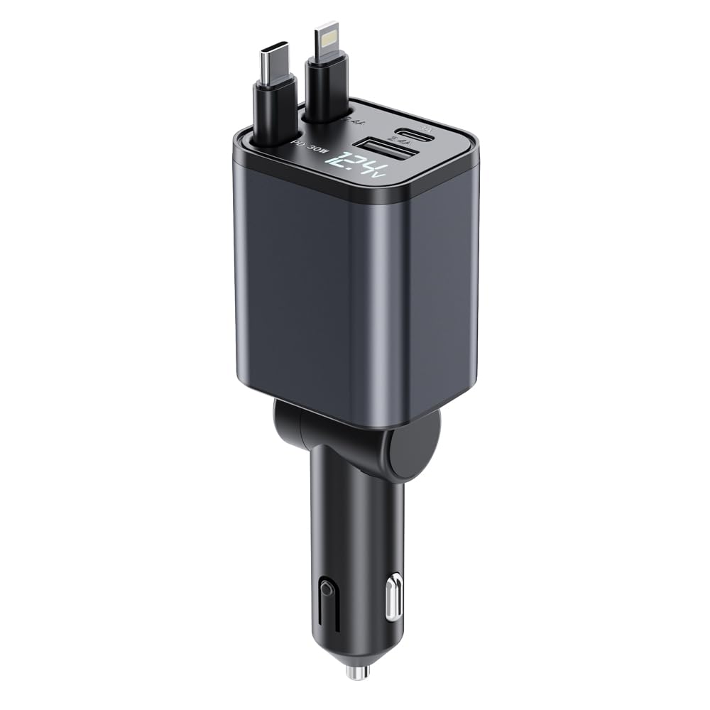 4 in 1 Retractable Car Charger,Super Fast Charging Car Chargers ?with 2 Retractable Cords and 2 UBS Port, Car Adapter for iPhone 16/15/14/13/12 Series