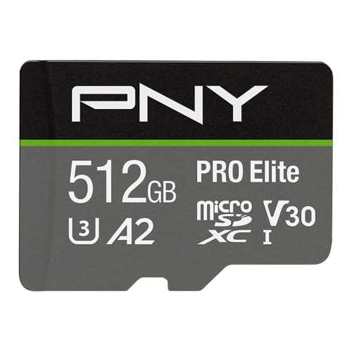 PNY P-SDUX512U3100PRO-GE 512GB PRO Elite Class 10 U3 V30 microSDXC Flash Memory Card - 100MB/s, Class 10, U3, V30, A2, 4K UHD, Full HD, UHS-I, Micro