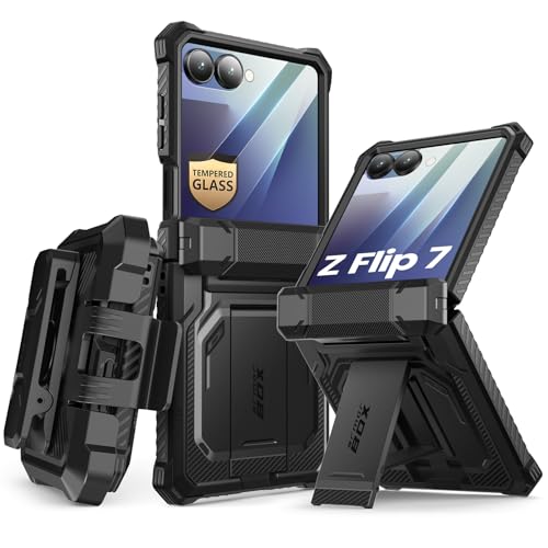 i-Blason for Samsung Galaxy Z Flip 7 Case with Stand [Front Tempered Glass Screen Protector] [Hinge Protection] [Belt-Clip] Full-Body Military