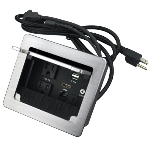 Tabletop Brush Connectivity Box with 2 AC Power + 2 USB Charger + HDMI + 1 3.5mm Audio + USB-C Data + RJ45(cat6) for Conference (Silver)