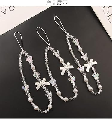 Fansoftiks White Butterfly Beaded Phone Lanyard Wrist Strap Anti Lost Decorative Pendant for Women Girls