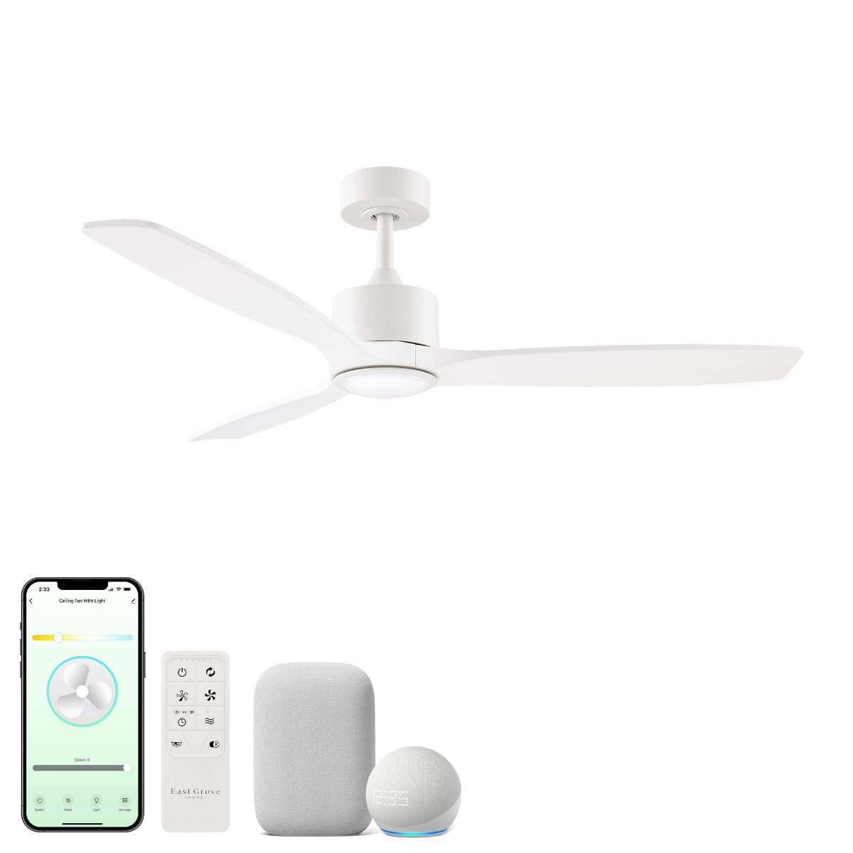 East Grove Home Cyclone 52in 3-Blade Smart Indoor or Outdoor Ceiling Fan 2700K-6000K CCT Tunable Range LED Light Kit in Matte White Works With iOS or