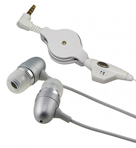 Retractable Headset Hands-Free Earphones w Mic Dual Metal Earbuds Headphones in-Ear Wired [3.5mm] [Silver] for Verizon Samsung Droid Charge - Verizon…