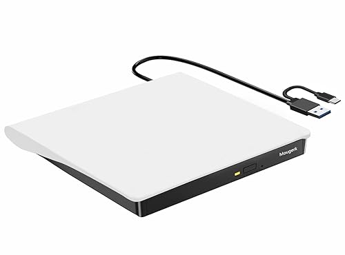 Mougerk External DVD Drive, Portable Type-C USB 3.0 DVD CD Drive Player DVD/CD +/-RW ROM Reader Rewriter Burner for Laptop Desktops (White)