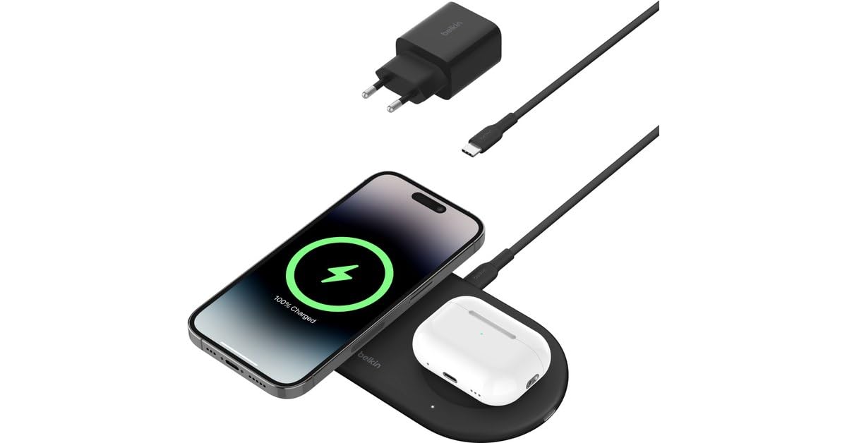 Belkin BoostCharge Pro 2 in 1 Wireless Charger with Magnetic Qi2 15W Wireless Fast Charging iPhone Compatible with iPhone 16 15 14 13 12 AirPods