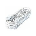 100' FT Phone Cord Cable Line Modular White RJ11 RJ-11 6P4C Jack Plug Standard Flat Wire 4 Conductor Data Audio Signal Transfer Telephone Extension