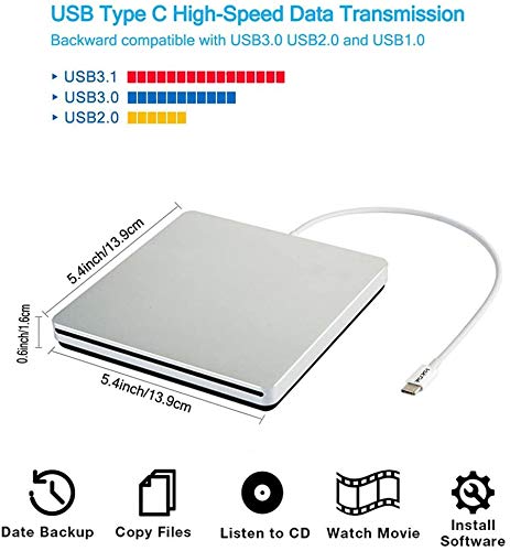 Aouan External CD DVD Drive Burner/Portable/Slim/Reader/Type-c/USB-C Drive(Equipped with USB 3.0 Adapter) for MacBook Pro/PC/Mac/Laptop/Air Windows7/
