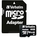 Verbatim 64GB Premium MicroSDXC Memory Card with Adapter UHS-I V10 Class 10 Supports Full HD (1080p) U1 Speed Rated Up to 90MB/s Read Speed