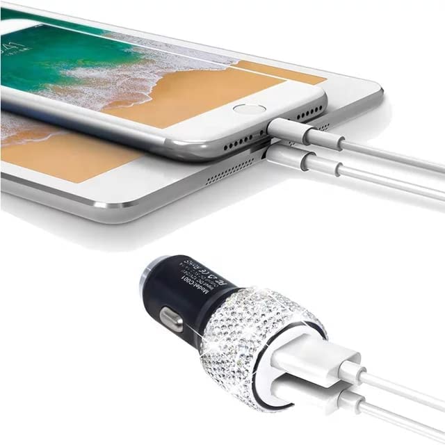 Dual USB Car Charger Bling Bling Handmade Rhinestones Crystal Car Decorations for Fast Charging Car Decors for iPhone, iPad Pro/Air 2/Mini, Samsung