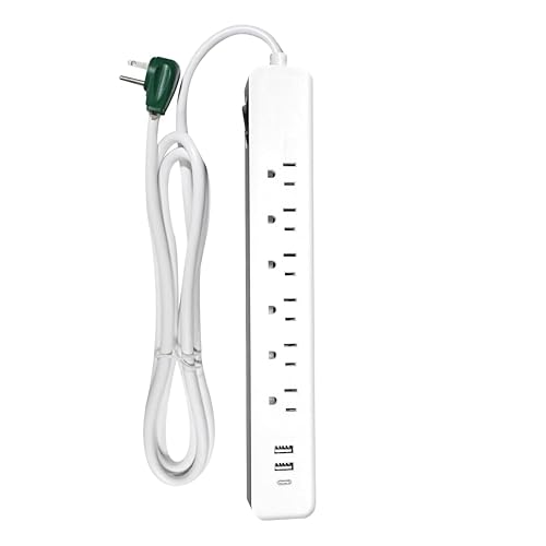 Go Green Power Inc. 6-ft Cord Surge Protector with 6 Outlets, USB-A and USB-C, 450 Joules - Compact, Heavy Duty, Circuit Breaker - Ideal for Home