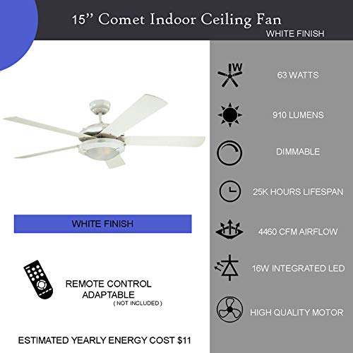 Ciata Lighting 52-inch White Ceiling Fan for Bedroom with Light Fixture in Frosted Glass with Reversible White/White Washed Blades