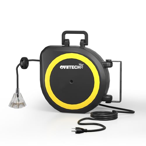 oviitech 50 Ft Retractable Extension Cord Reel,14/3 AWG SJTW Heavy Duty Power Cord, 3 Electrical Outlets,13 Amp Circuit Breaker,Black and Yellow,ETL